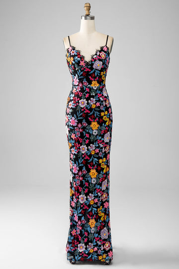 Black Floral Mermaid Spaghetti Straps Long Ball Dress With Embroidery